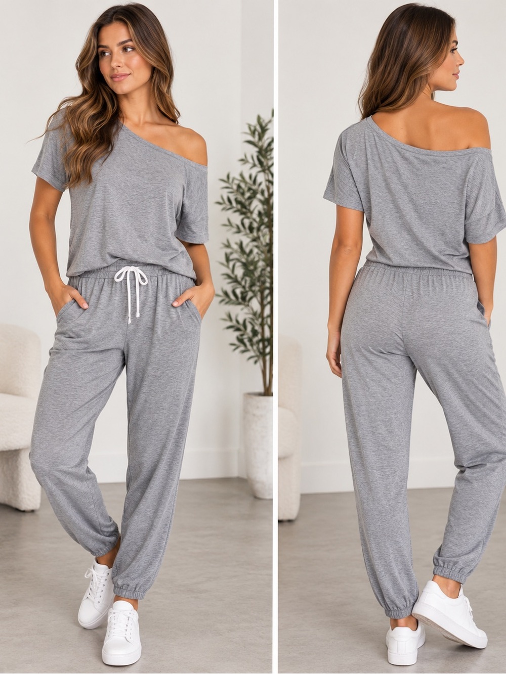 Off-Shoulder Relaxed Jogger Jumpsuit - Gray